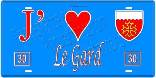 Plaque métal décorative, J' ❤️Le Gard, région Occitanie fond  mur bleu 30