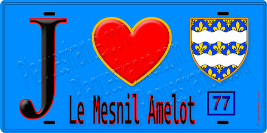 Plaque métal décorative  J' ❤️Le Mesnil-Amelot, Seine et Marne (77) fond bleu