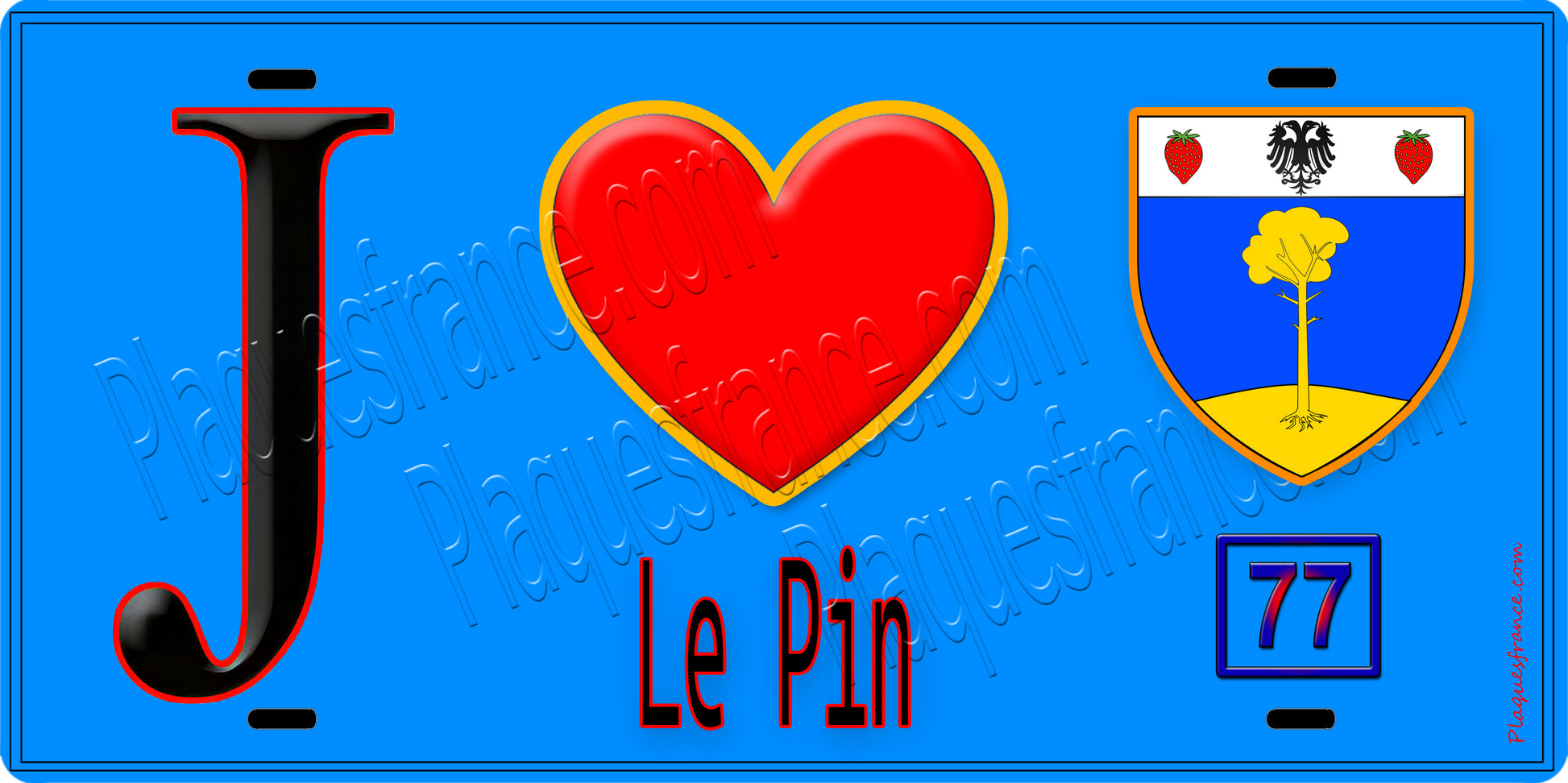 Plaque métal décorative  J' ❤️Le Pin, Seine et Marne (77) fond bleu