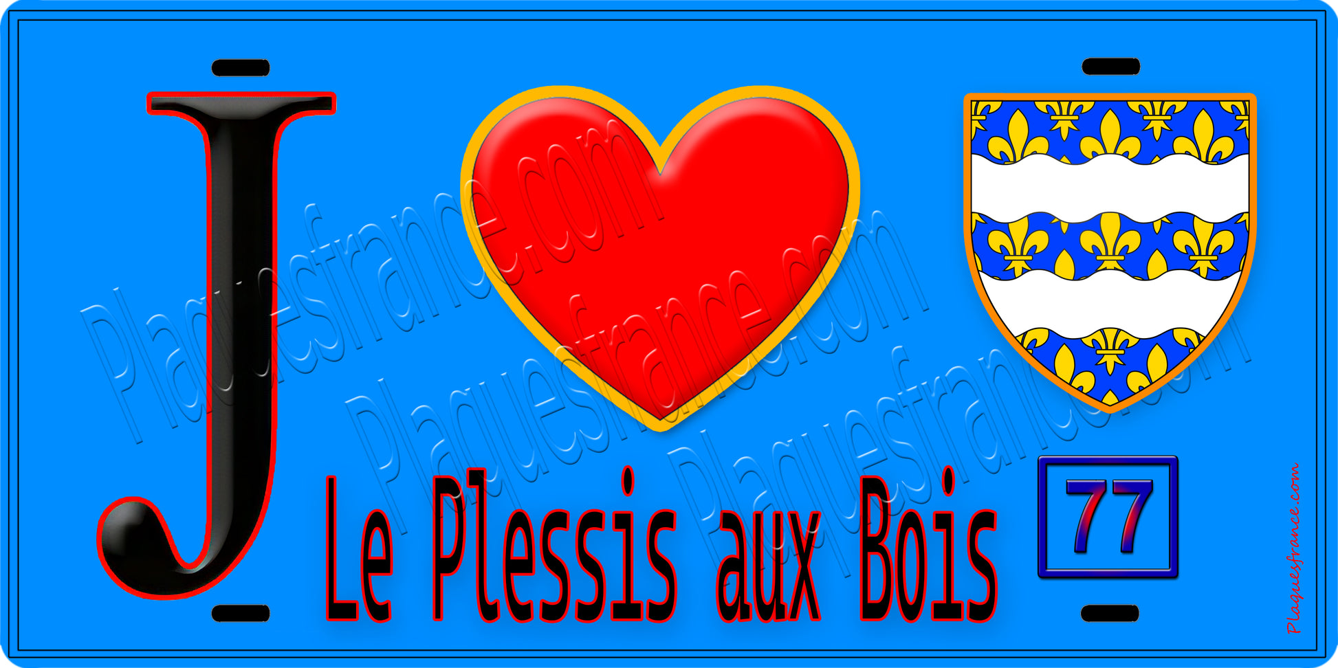Plaque métal décorative  J' ❤️Le Plessis-aux-Bois, Seine et Marne (77) fond bleu