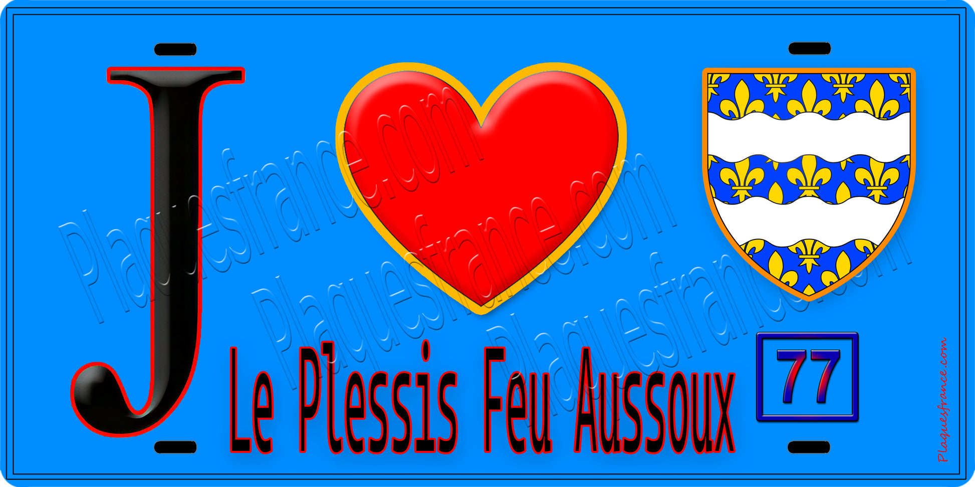 Plaque métal décorative  J' ❤️Le Plessis-Feu-Aussoux, Seine et Marne (77) fond bleu