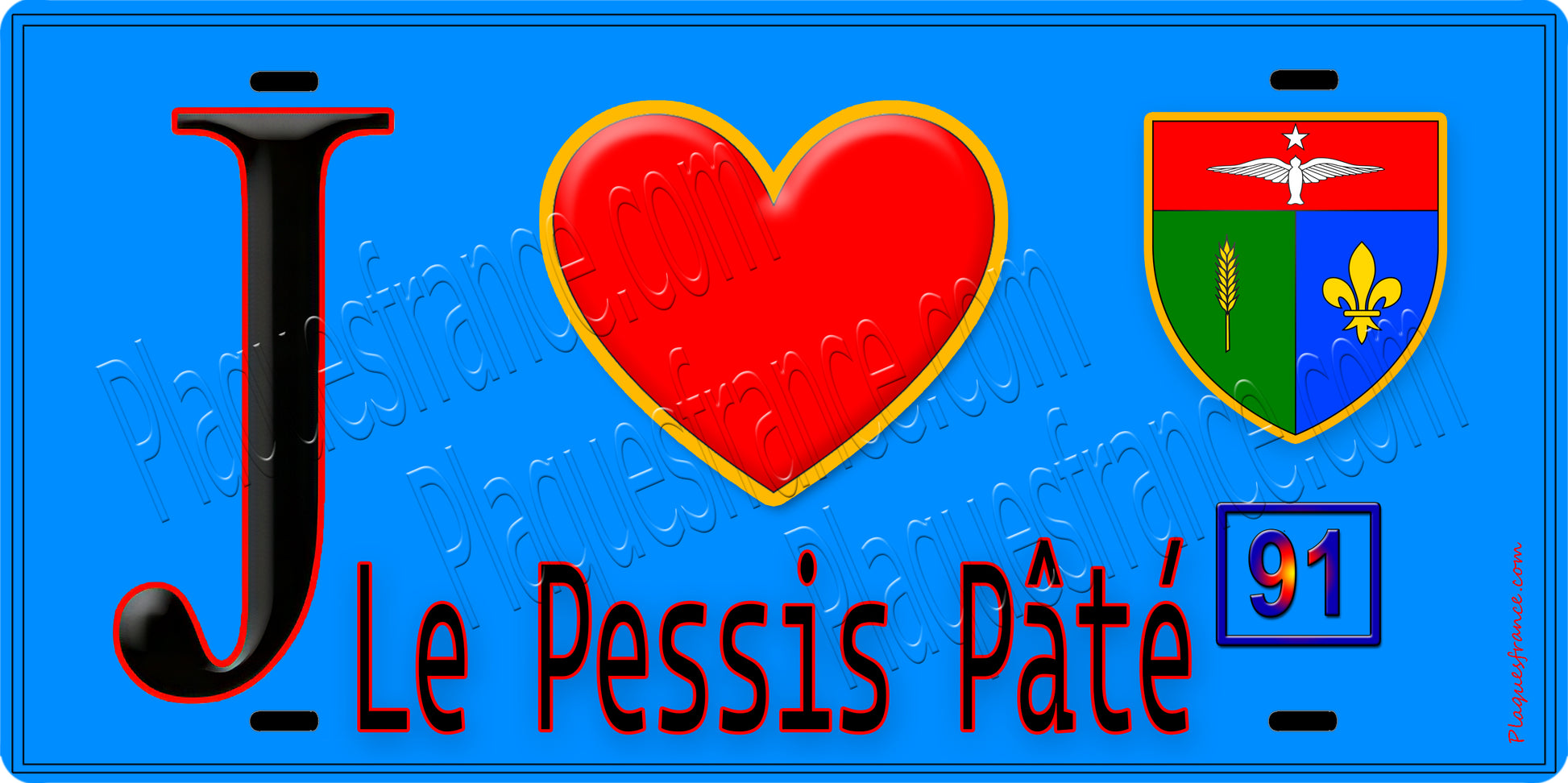Plaque métal décorative  J' ❤️Le Plessis-Pâté, Essonne (91) fond bleu