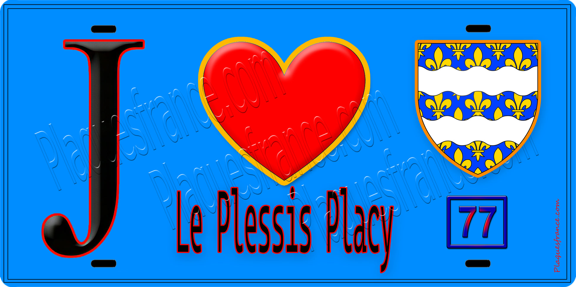 Plaque métal décorative  J' ❤️Le Plessis-Placy, Seine et Marne (77) fond bleu