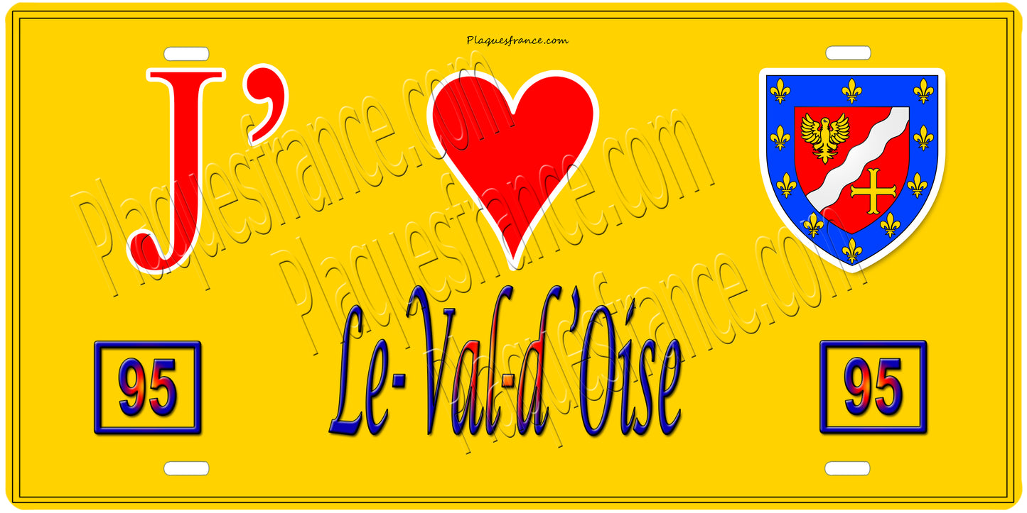 Plaque métal décorative  J' ❤️Le Val d'Oise (95) Île de France jaune