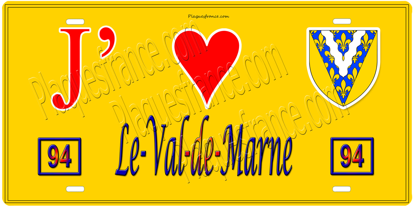 Plaque métal décorative, J' ❤️Le Val de Marne (94) région Ile de France jaune