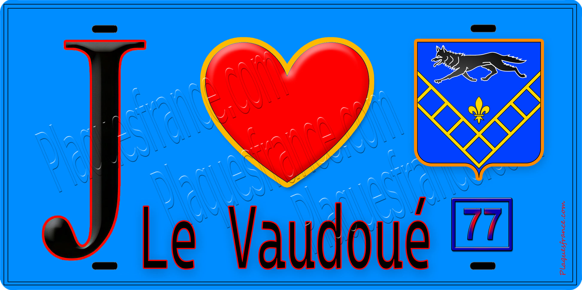 Plaque métal décorative  J' ❤️Le Vaudoué, Seine et Marne (77) fond bleu