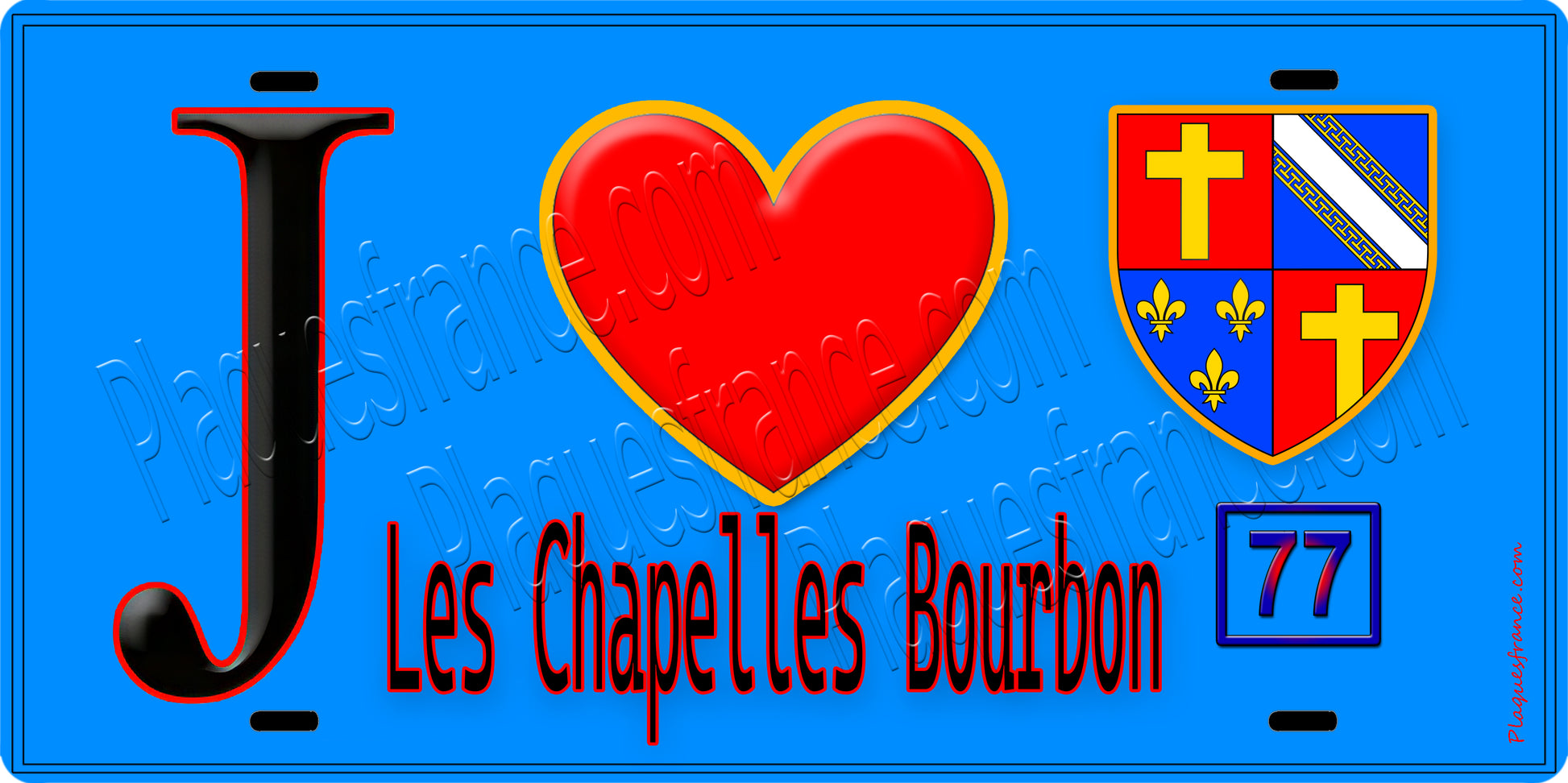 Plaque métal décorative  J' ❤️Les Chapelles-Bourbon, Seine et Marne (77) fond bleu