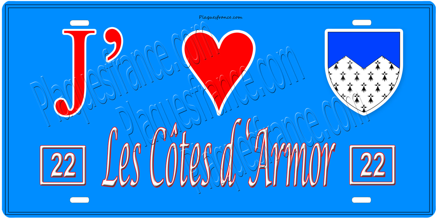 Plaque métal décorative, J' ❤️Les Côtes d'Armor (22), Bretagne
