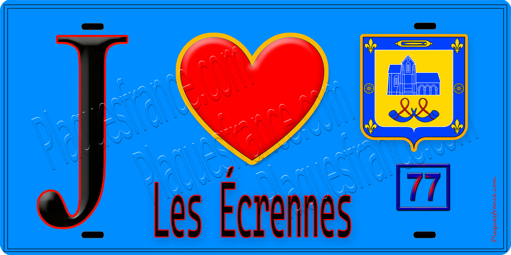 Plaque métal décorative  J' ❤️Les Écrennes, Seine et Marne (77) fond bleu