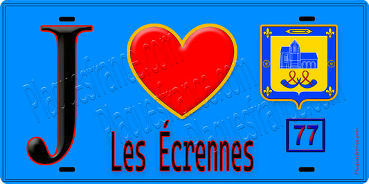 Plaque métal décorative  J' ❤️Les Écrennes, Seine et Marne (77) fond bleu