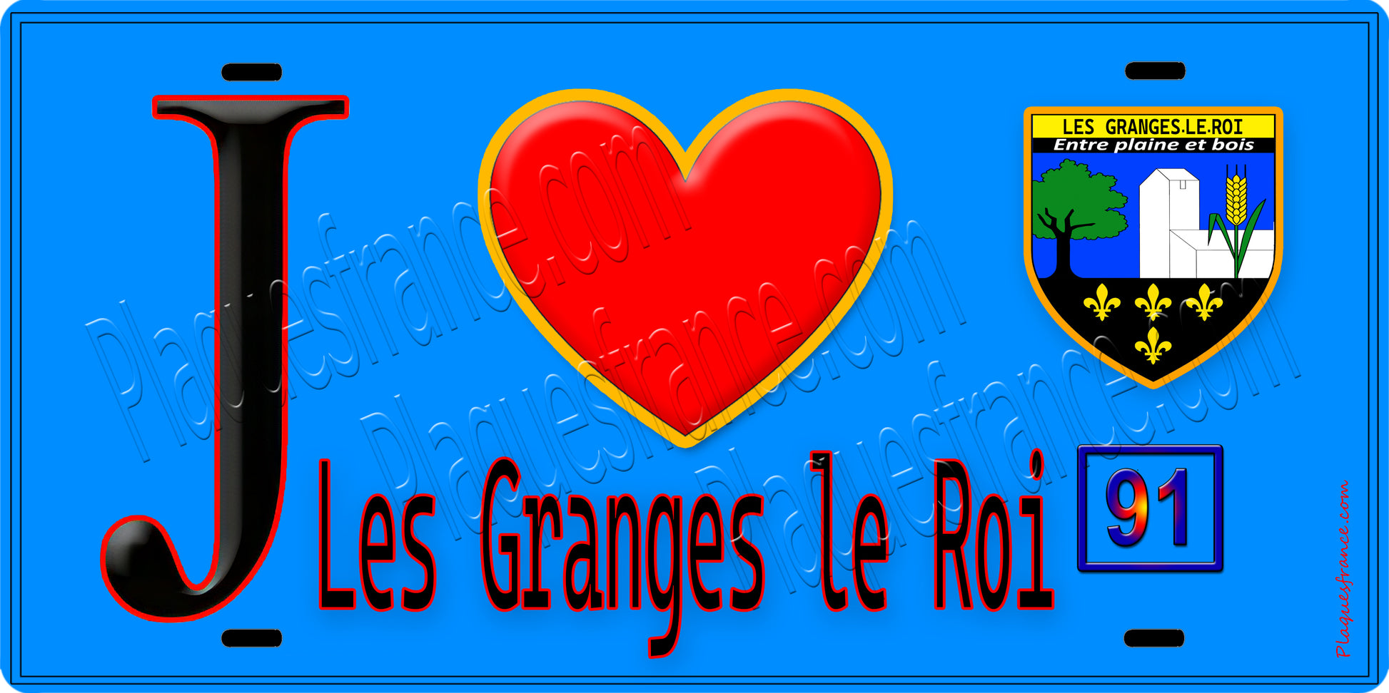 Plaque métal décorative  J' ❤️Les Granges-le-Roi, Essonne (91) fond bleu