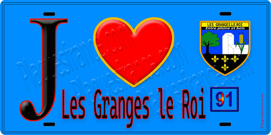 Plaque métal décorative  J' ❤️Les Granges-le-Roi, Essonne (91) fond bleu