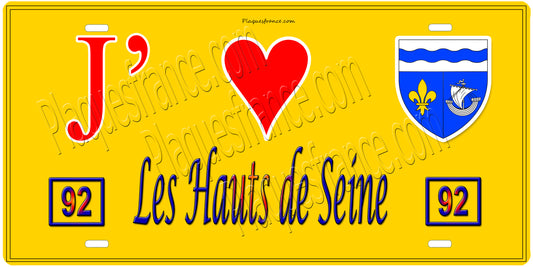 Plaque métal décorative, J' ❤️Les Hauts de Seine (92) région Ile de France jaune