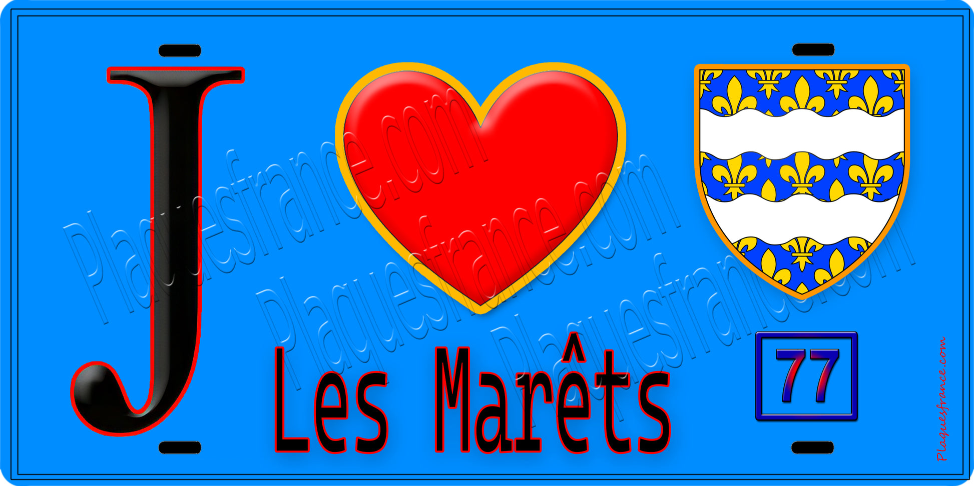 Plaque métal décorative  J' ❤️Les Marêts, Seine et Marne (77) fond bleu