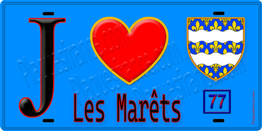 Plaque métal décorative  J' ❤️Les Marêts, Seine et Marne (77) fond bleu