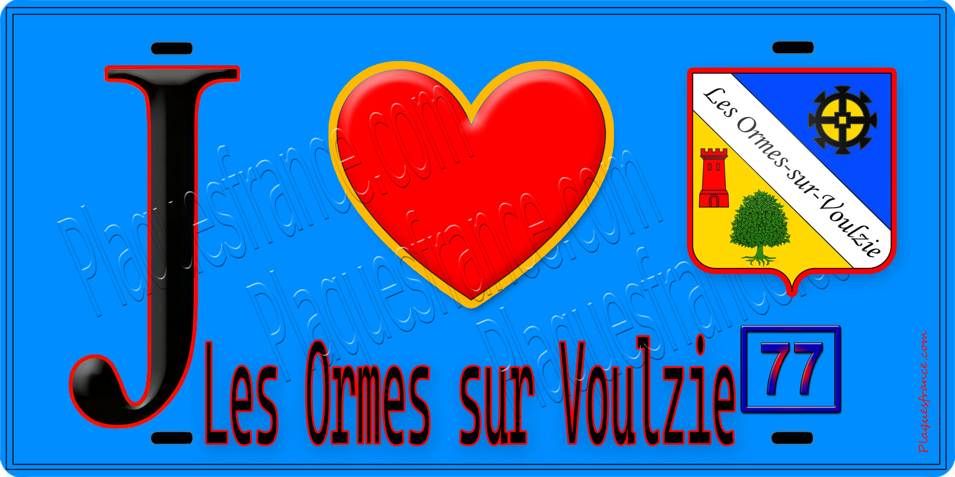 Plaque métal décorative  J' ❤️Les Ormes-sur-Voulzie, Seine et Marne (77) fond bleu
