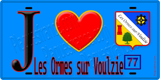 Plaque métal décorative  J' ❤️Les Ormes-sur-Voulzie, Seine et Marne (77) fond bleu