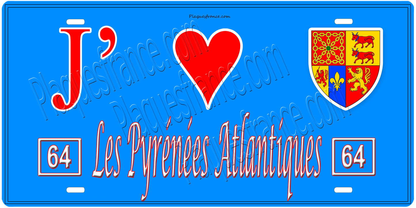 Plaque métal décorative, J' ❤️Les Pyrénées Atlantiques,  64