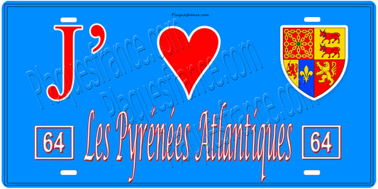 Plaque métal décorative, J' ❤️Les Pyrénées Atlantiques,  64