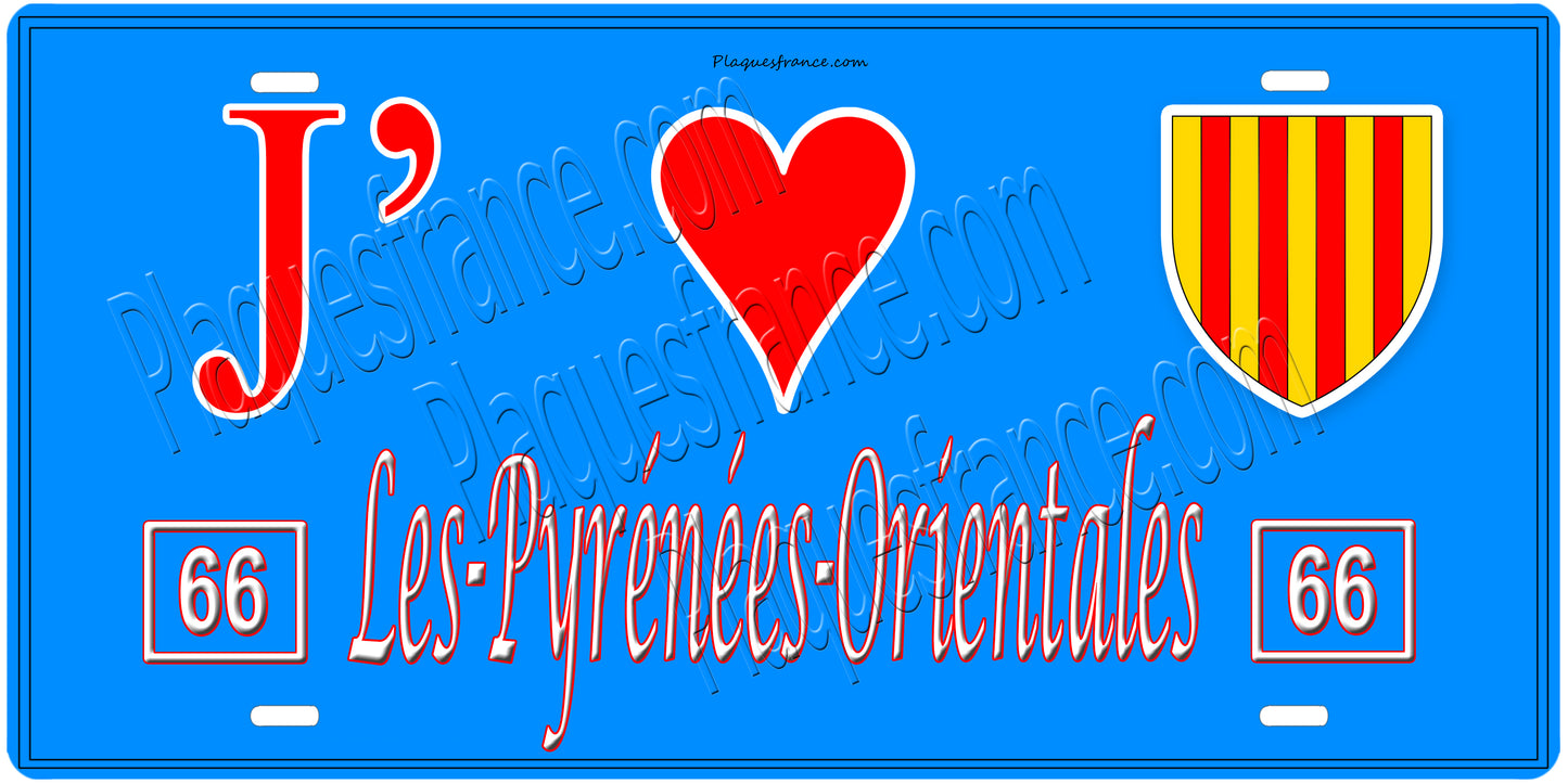 Plaque métal décorative, J' ❤️Les Pyrénées Orientales, régions Occitanie fond  mur bleu 66