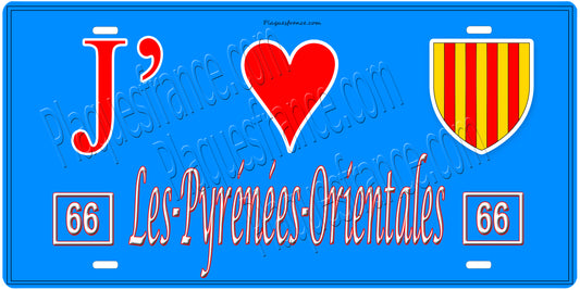 Plaque métal décorative, J' ❤️Les Pyrénées Orientales, régions Occitanie fond  mur bleu 66