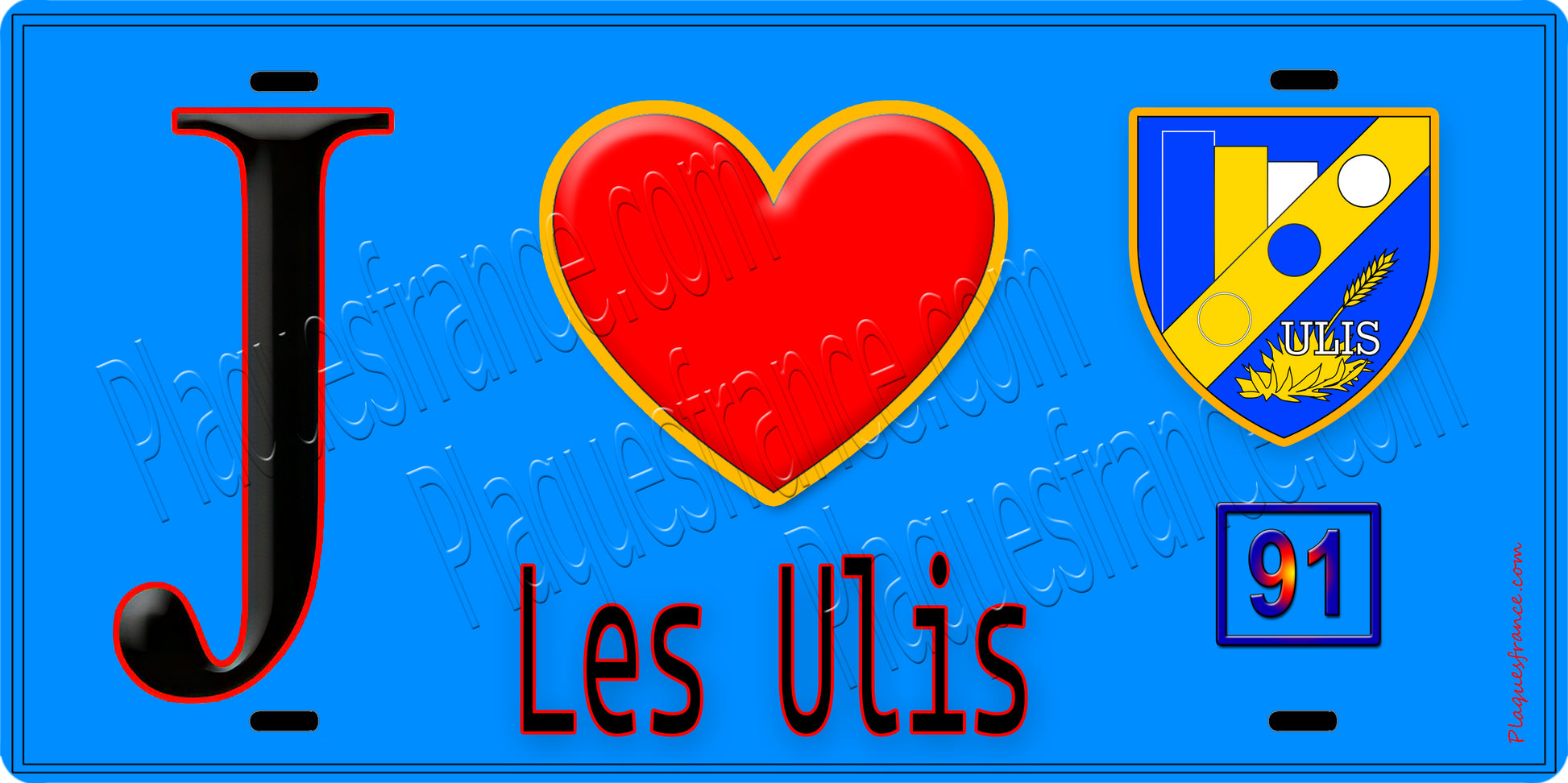 Plaque métal décorative  J' ❤️Les Ulis, Essonne (91) fond bleu
