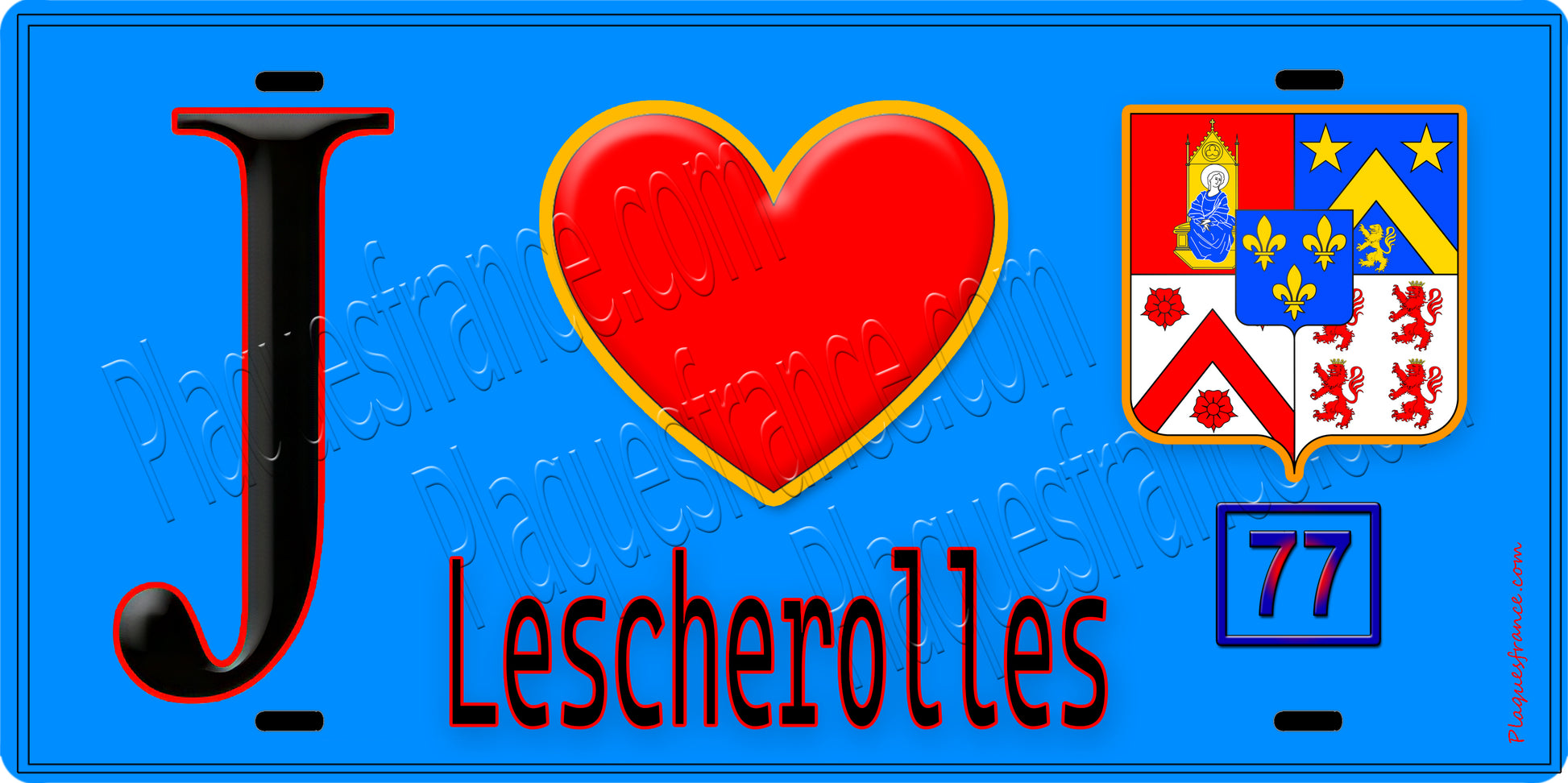 Plaque métal décorative  J' ❤️Lescherolles, Seine et Marne (77) fond bleu