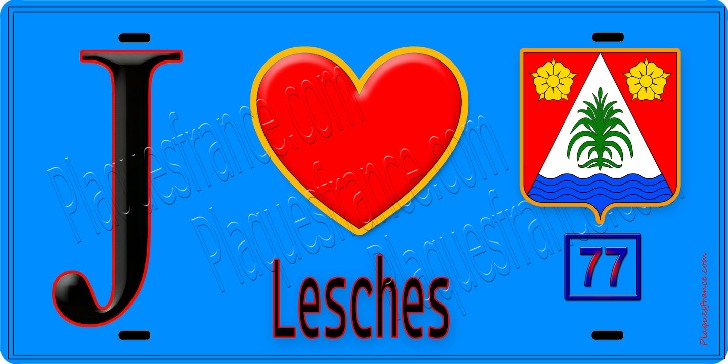 Plaque métal décorative  J' ❤️Lesches, Seine et Marne (77) fond bleu