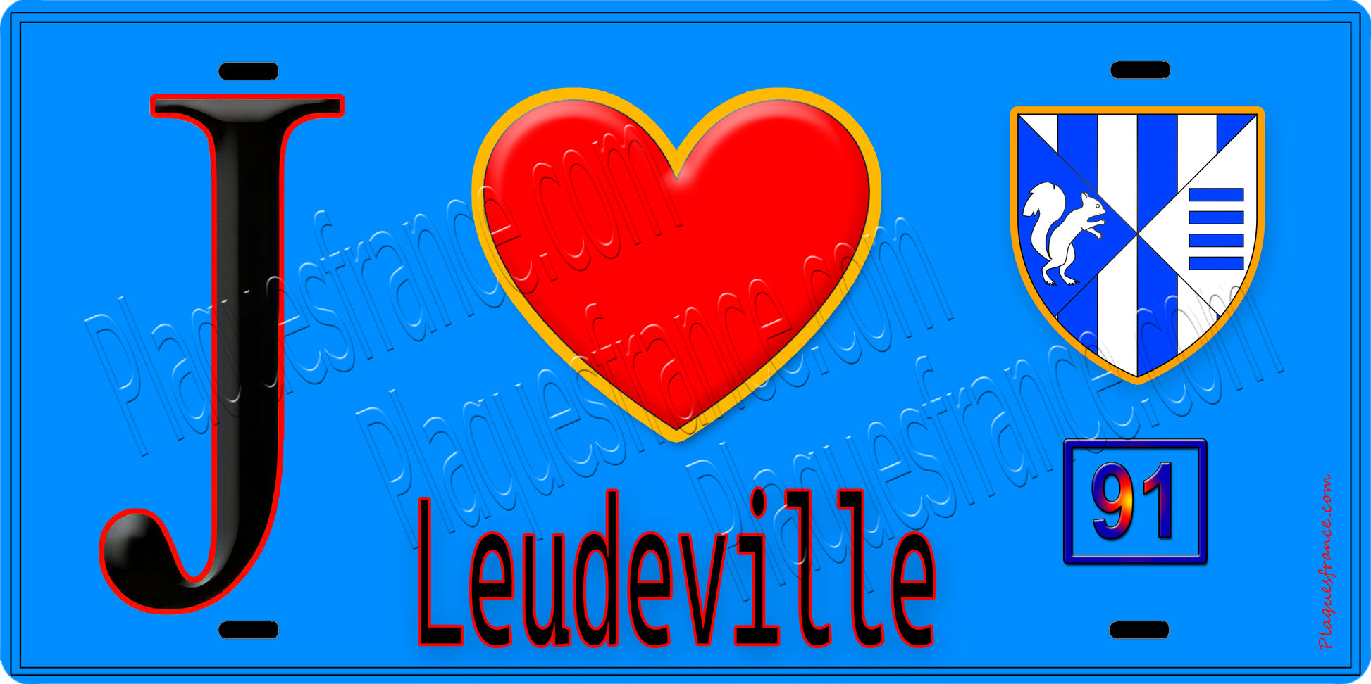 Plaque métal décorative  J' ❤️Leudeville, Essonne (91) fond bleu