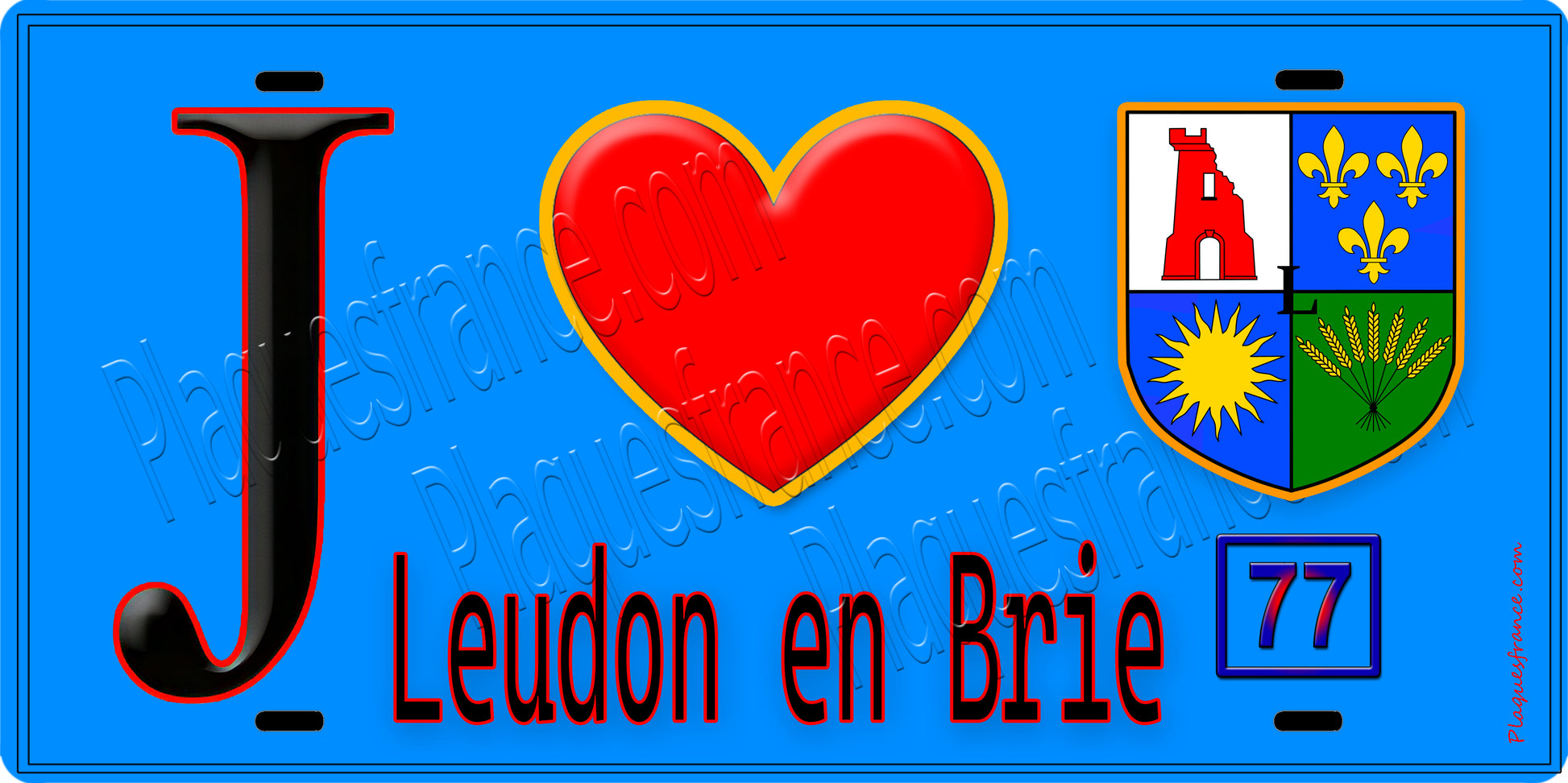 Plaque métal décorative  J' ❤️Leudon-en-Brie, Seine et Marne (77) fond bleu