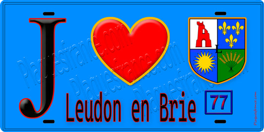 Plaque métal décorative  J' ❤️Leudon-en-Brie, Seine et Marne (77) fond bleu