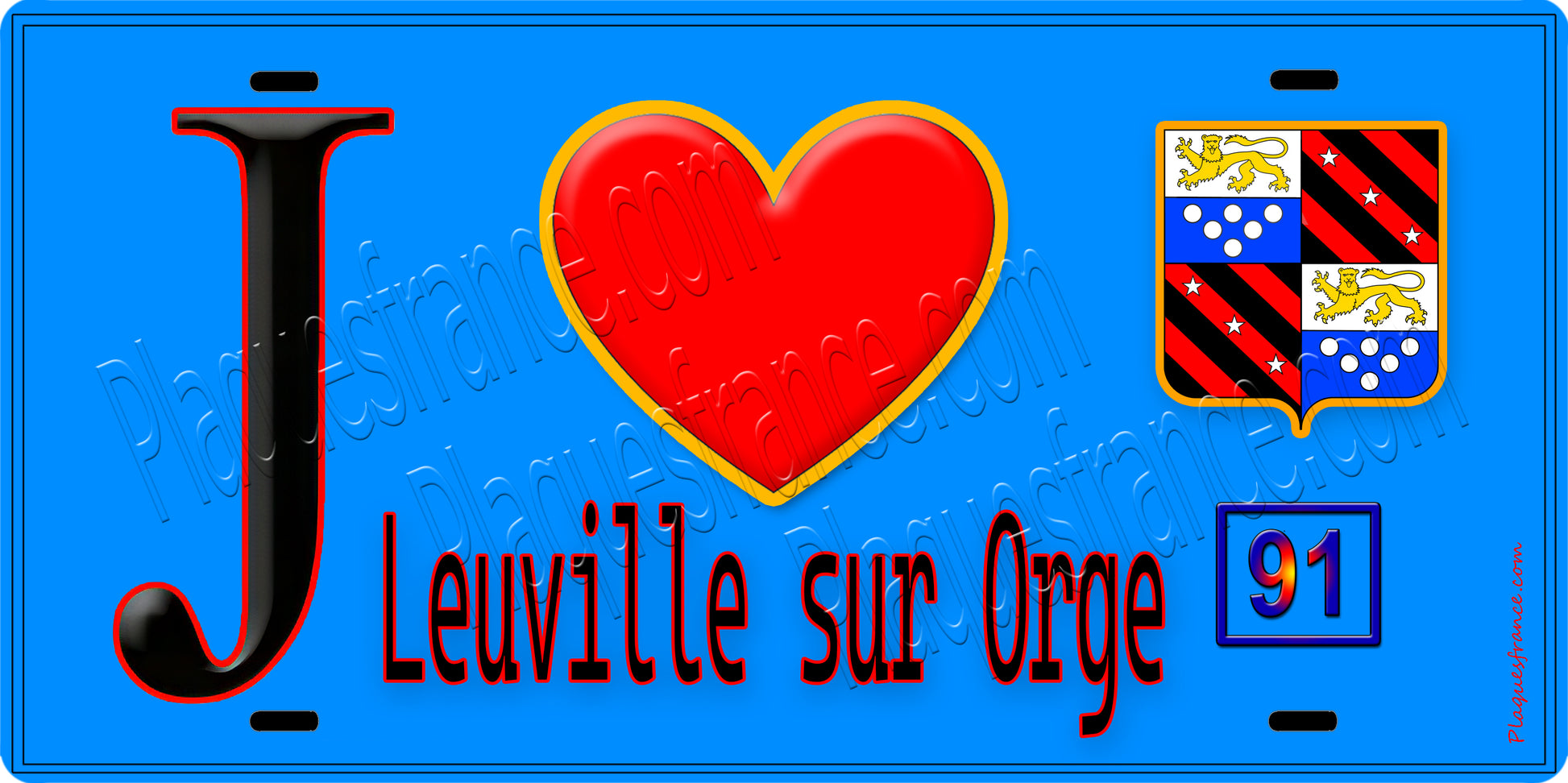 Plaque métal décorative  J' ❤️Leuville-sur-Orge, Essonne (91) fond bleu