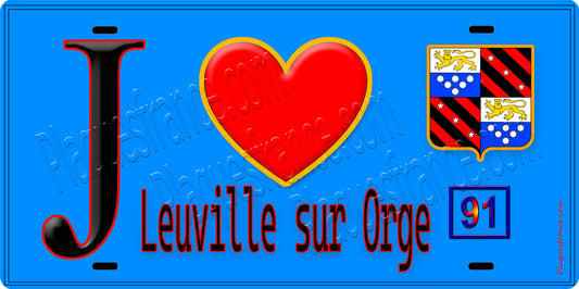 Plaque métal décorative  J' ❤️Leuville-sur-Orge, Essonne (91) fond bleu