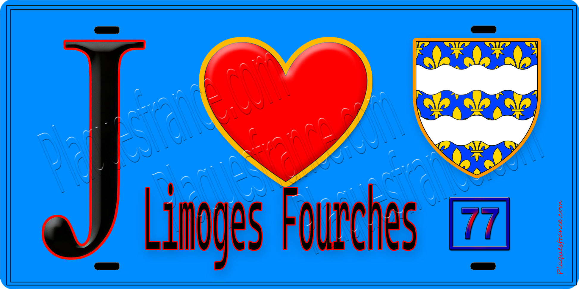 Plaque métal décorative  J' ❤️Limoges-Fourches, Seine et Marne (77) fond bleu