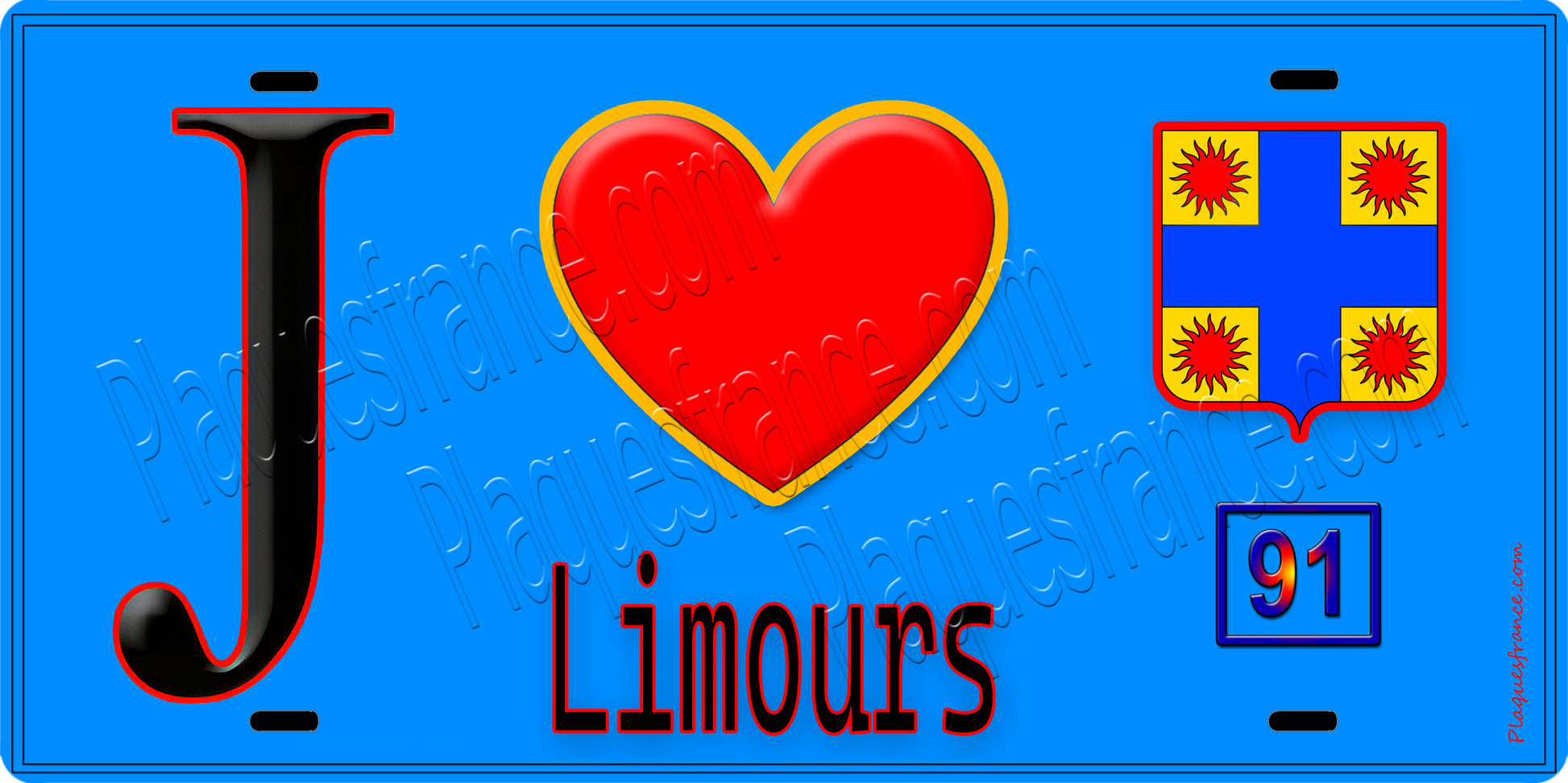 Plaque métal décorative  J' ❤️Limours, Essonne (91) fond bleu