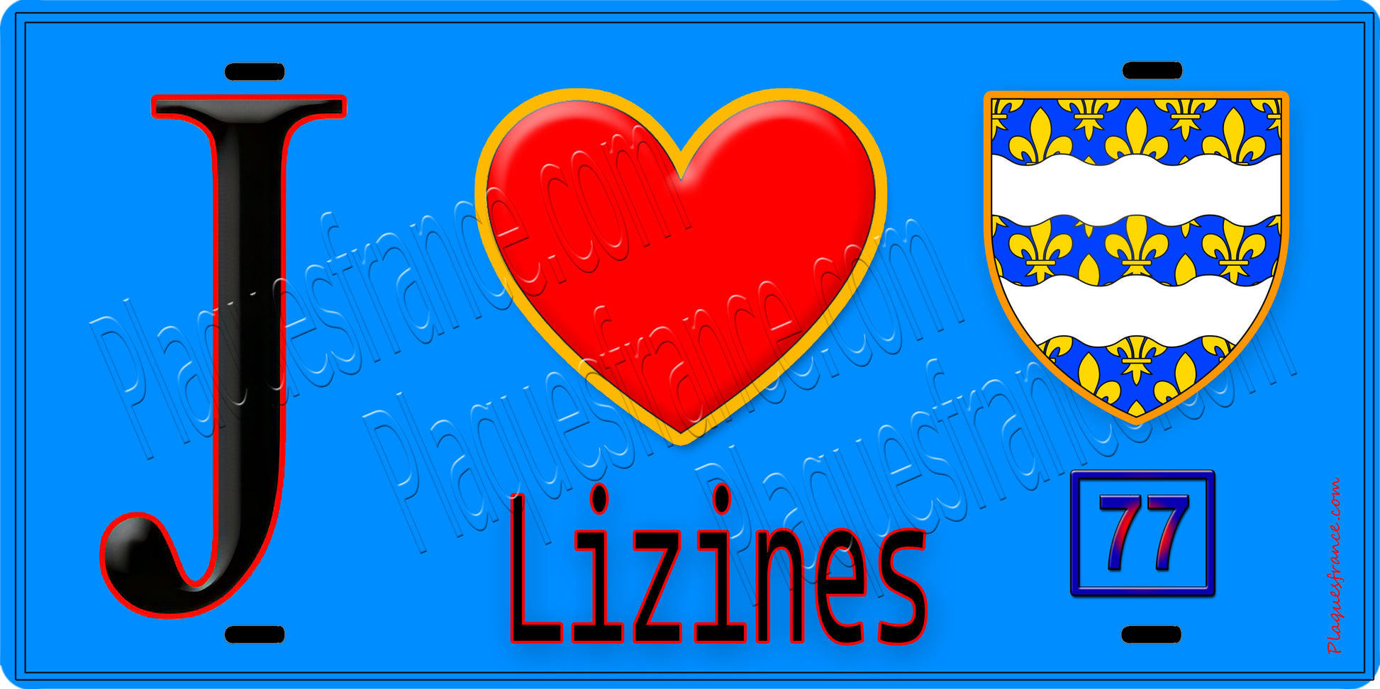 Plaque métal décorative  J' ❤️Lizines, Seine et Marne (77) fond bleu
