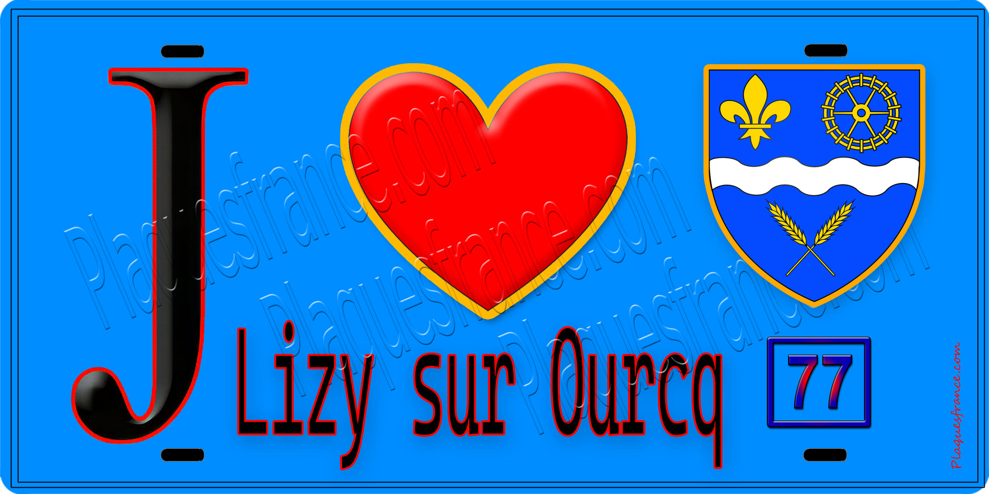Plaque métal décorative  J' ❤️Lizy-sur-Ourcq, Seine et Marne (77) fond bleu