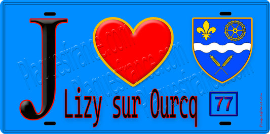 Plaque métal décorative  J' ❤️Lizy-sur-Ourcq, Seine et Marne (77) fond bleu
