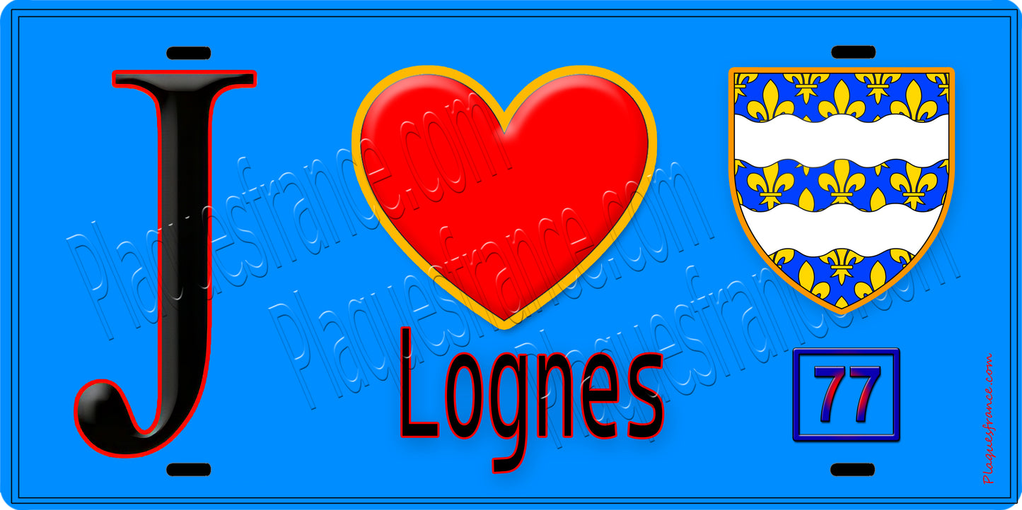 Plaque métal décorative  J' ❤️Lognes, Seine et Marne (77) fond bleu