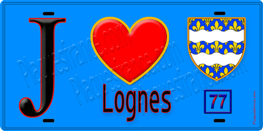 Plaque métal décorative  J' ❤️Lognes, Seine et Marne (77) fond bleu