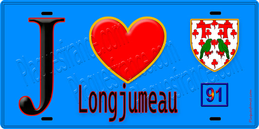 Plaque métal décorative  J' ❤️Longjumeau, Essonne (91) fond bleu