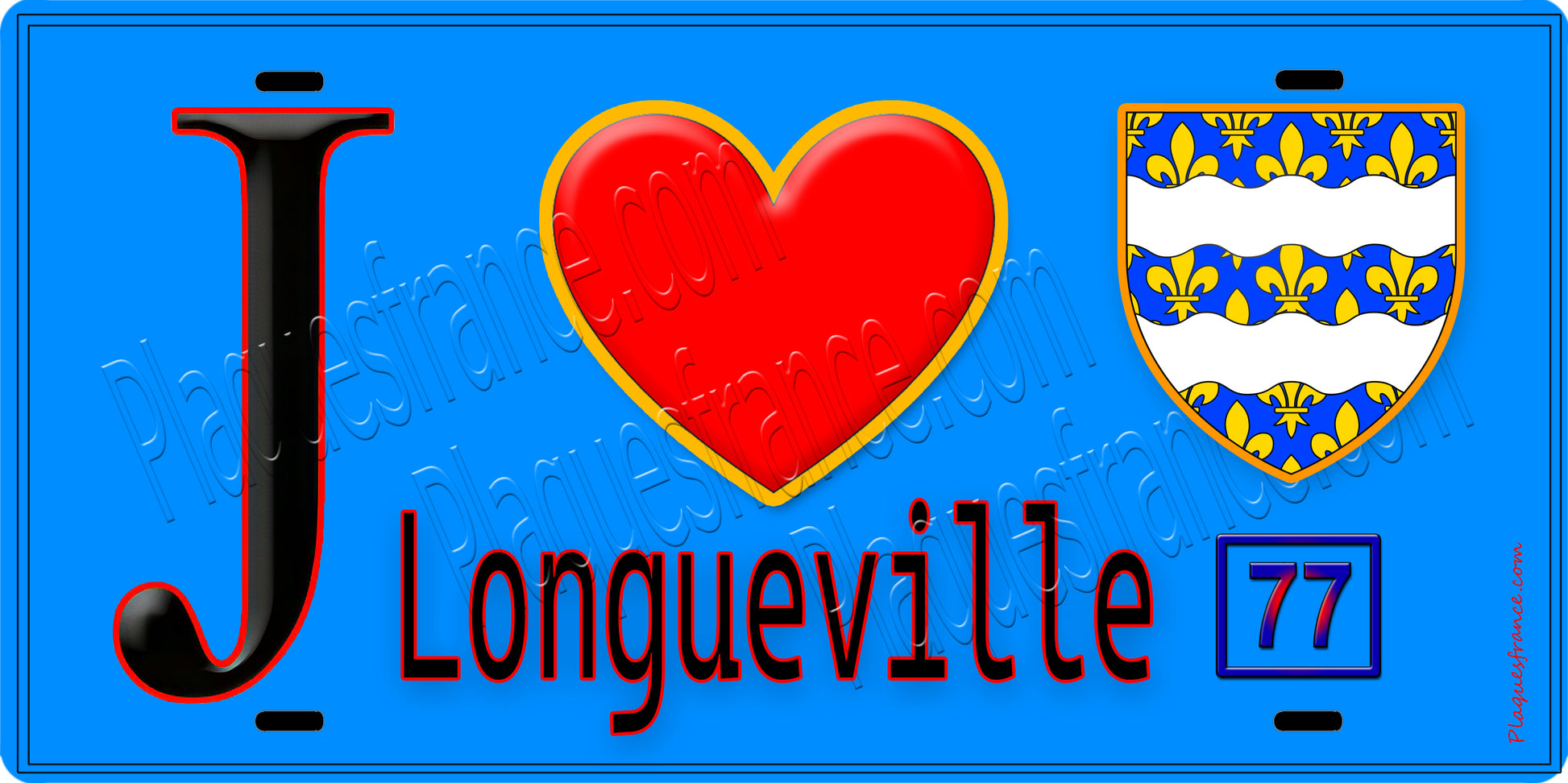 Plaque métal décorative  J' ❤️Longueville, Seine et Marne (77) fond bleu