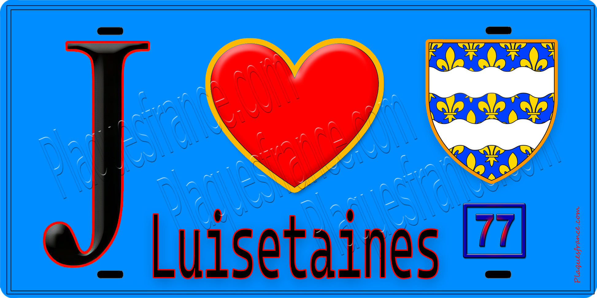 Plaque métal décorative  J' ❤️Luisetaines, Seine et Marne (77) fond bleu