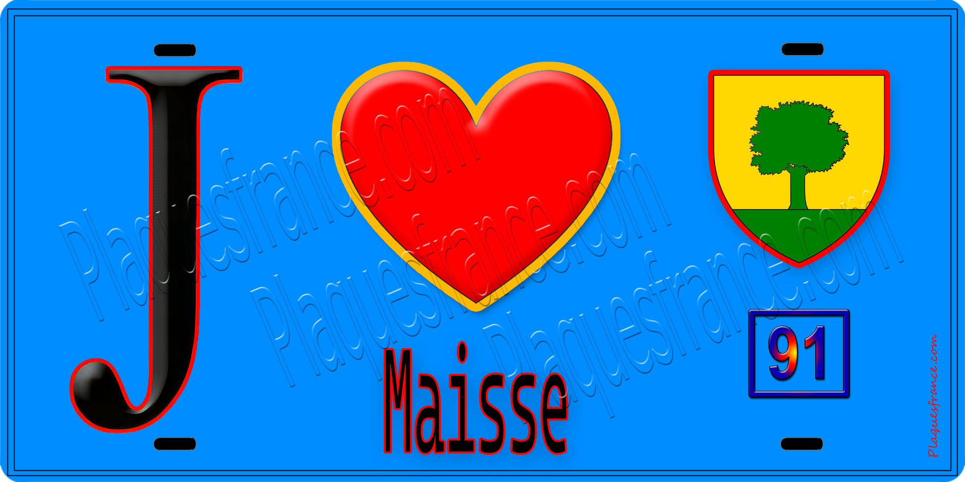 Plaque métal décorative  J' ❤️Maisse, Essonne (91) fond bleu