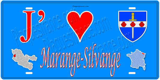 Plaque métal décorative 15 x 30 cm fond mur bleu carte J' ❤️ Marange-Silvange, canton Rombas Moselle 57