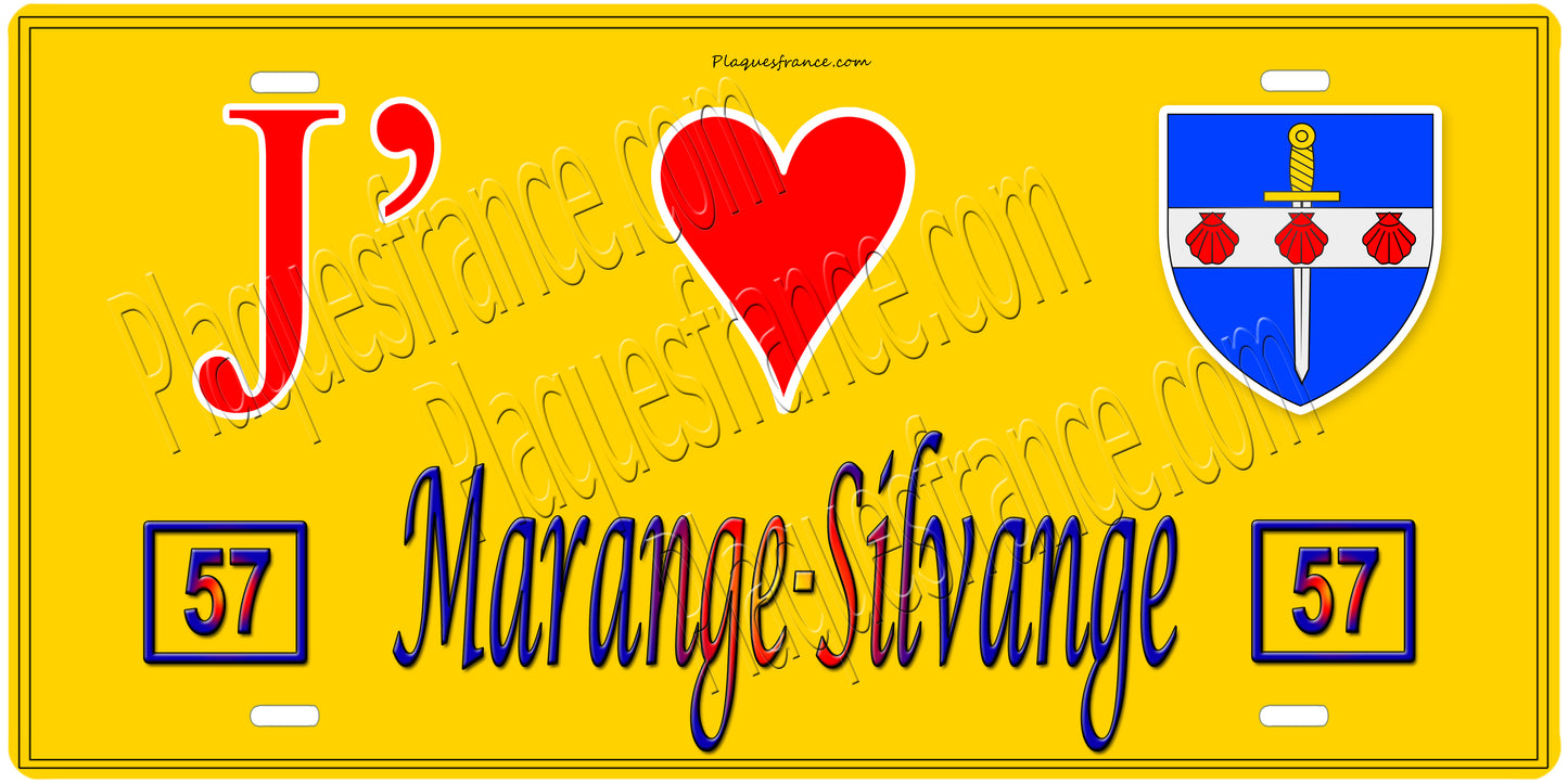 Plaque métal décorative 15 x 30 cm fond mur jaune 57 J' ❤️ Marange-Silvange, canton Rombas Moselle 57