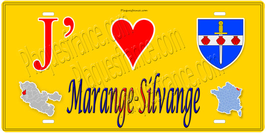 Plaque métal décorative 15 x 30 cm fond mur jaune carte J' ❤️ Marange-Silvange, canton Rombas Moselle 57