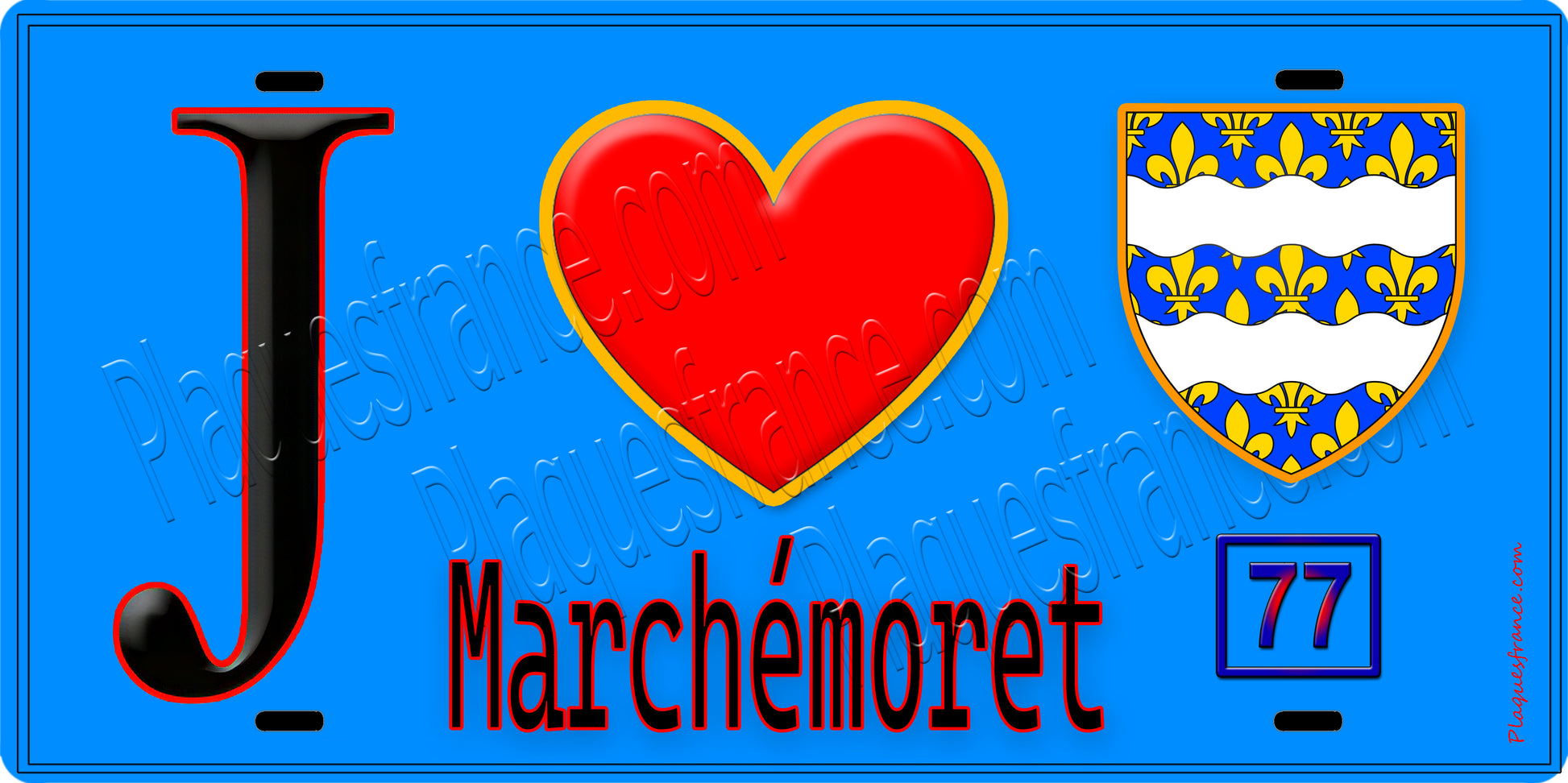 Plaque métal décorative  J' ❤️Marchémoret, Seine et Marne (77) fond bleu