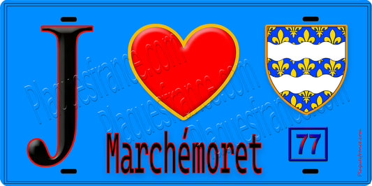 Plaque métal décorative  J' ❤️Marchémoret, Seine et Marne (77) fond bleu