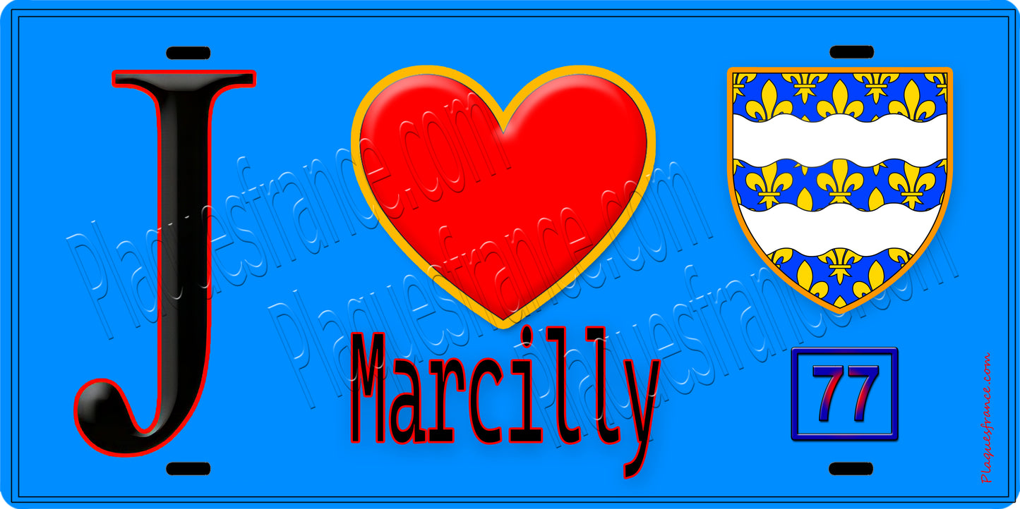 Plaque métal décorative  J' ❤️Marcilly, Seine et Marne (77) fond bleu